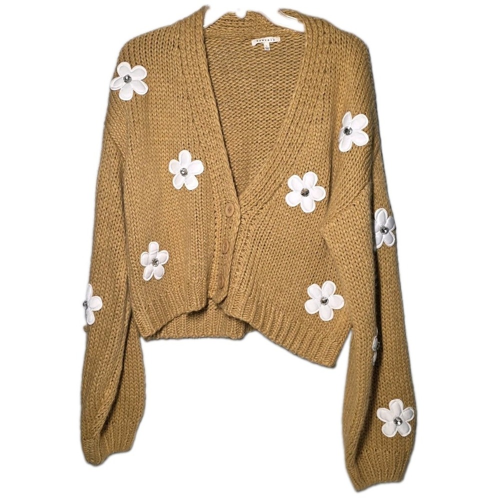 Baevely Beige Chunky-Knit Daisy Floral Open Front V-Neck Cardigan Sweater Large